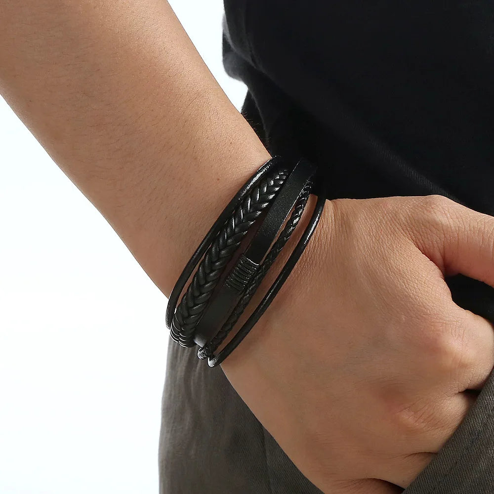 Bracelet Multicouche Homme en Cuir Véritable